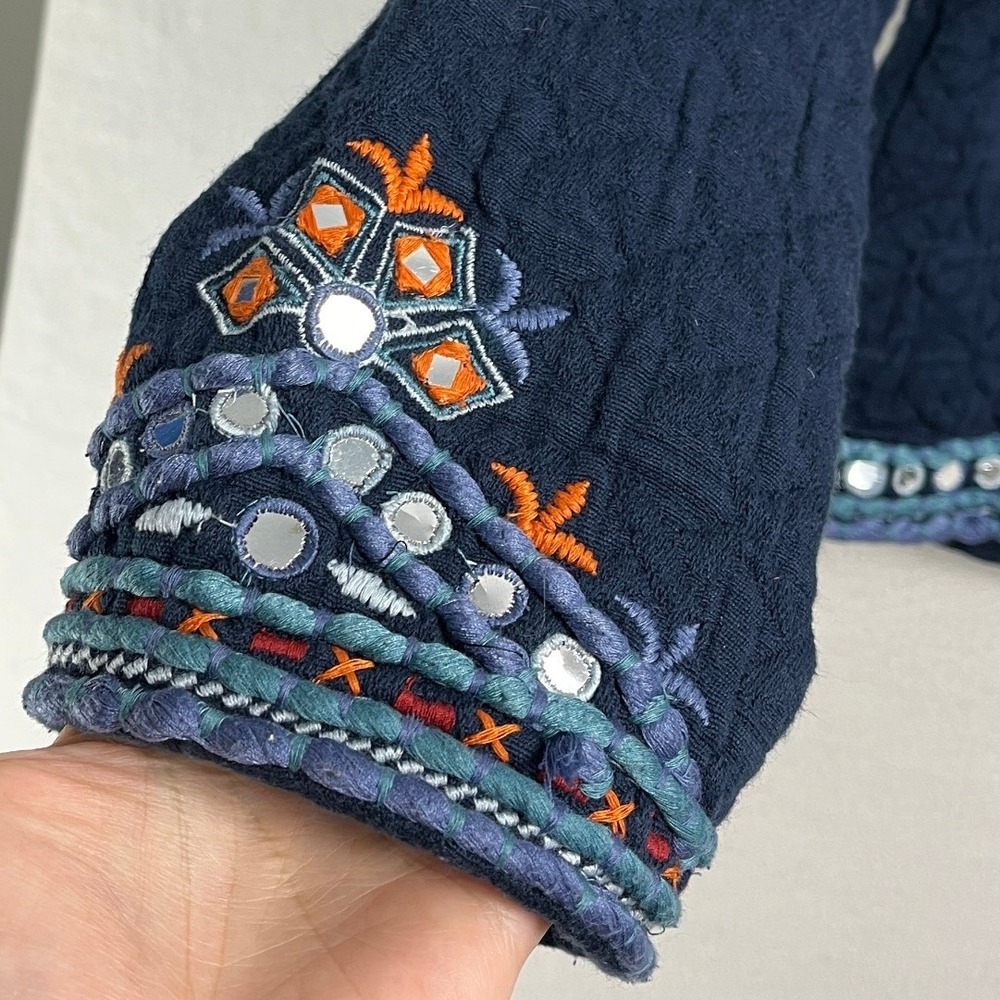 Temperance Navy Blue Embroidered Mirror Work Quilted Boho Jacket L - Picture 12 of 12